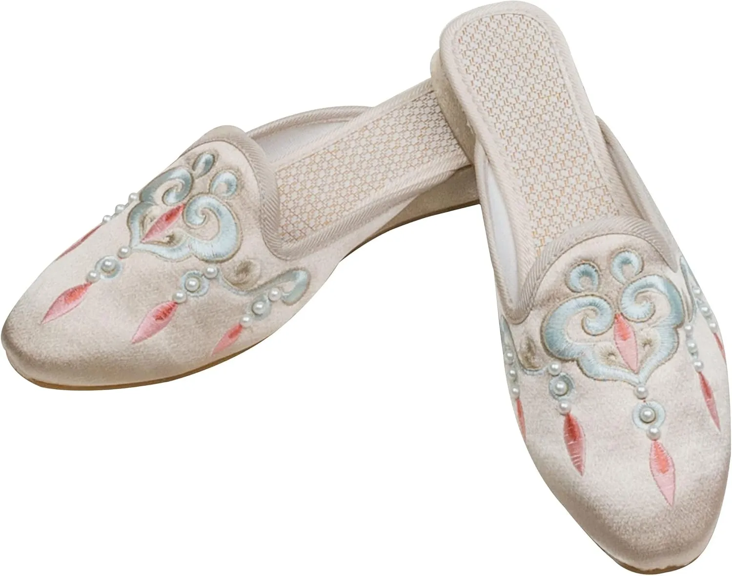 WENJIAZHIZHI Embroidered Slides Backless Loafers Pearls Mules Clogs Flats Sandals for Womens Dressy Summer Shoes Slip On
