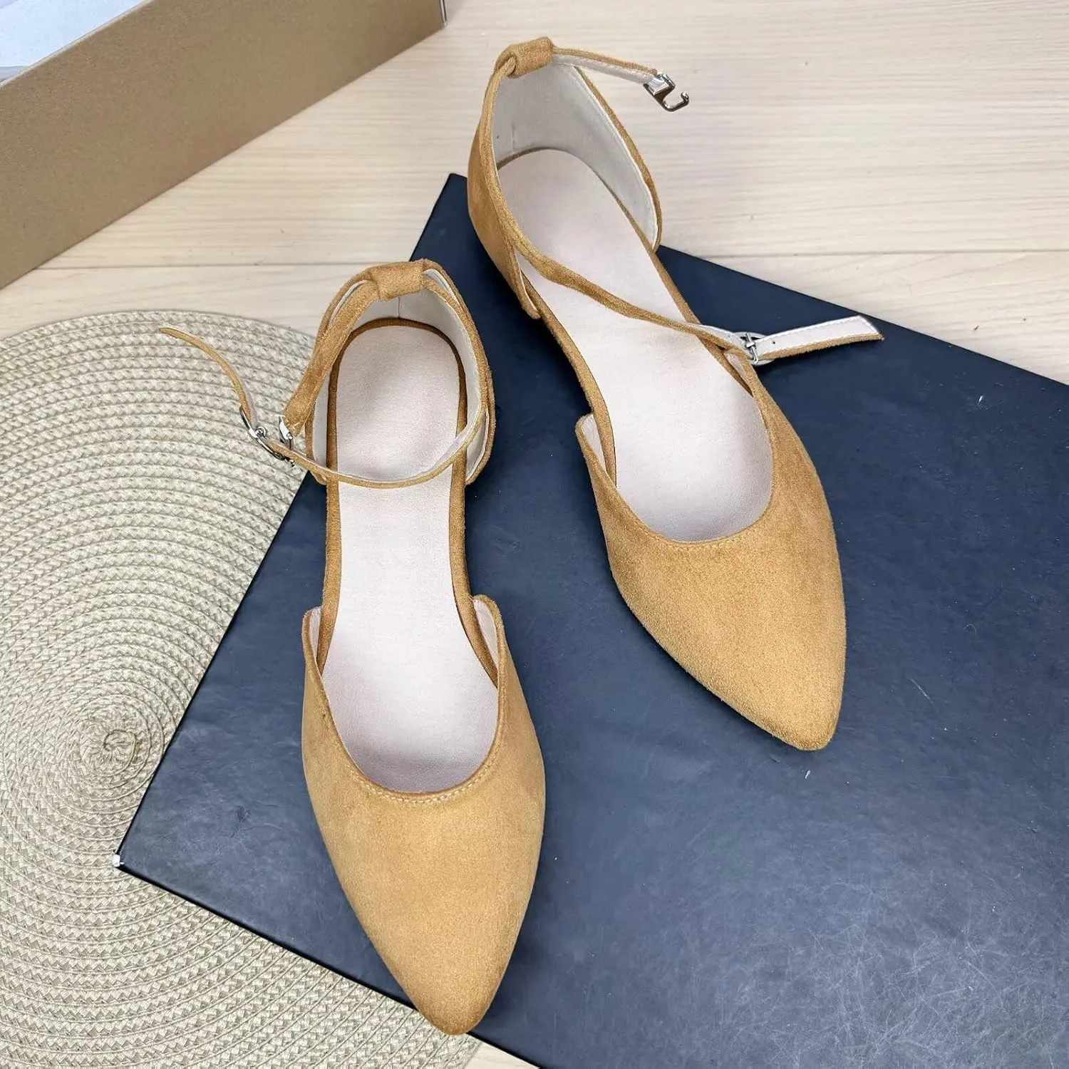 WENJIAZHIZHI Women Pointy Toe Ankle Buckle Flat Sandals Candy Color Comfortable Wedding Dressy Flats Shoes Big Size