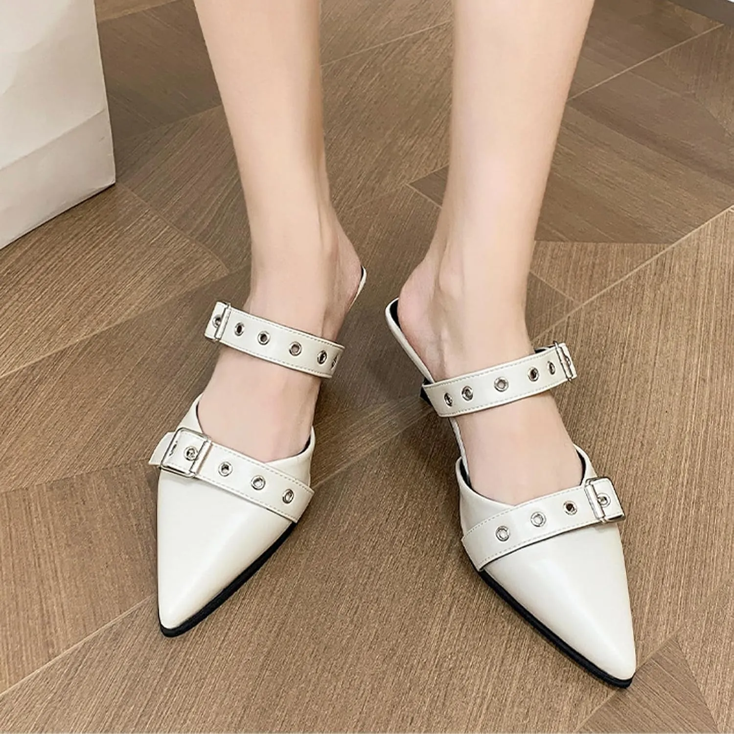 WENOREG Women's Pointed Toe Metal Buckle Kitten Heels Mule Sandals,Summer Adjustable Buckle Sexy Metal Mid Heeled Arch Support Comfortable Slip-On Leather Dress Party Wedding Shoes