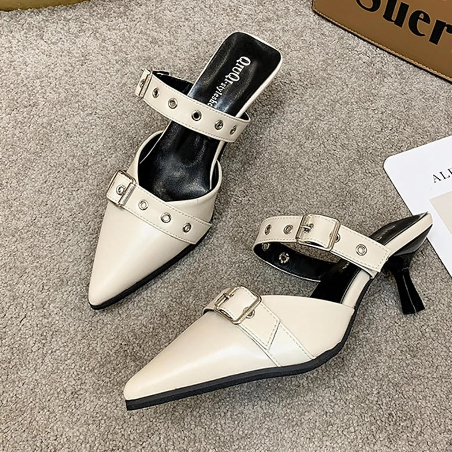 WENOREG Women's Pointed Toe Metal Buckle Kitten Heels Mule Sandals,Summer Adjustable Buckle Sexy Metal Mid Heeled Arch Support Comfortable Slip-On Leather Dress Party Wedding Shoes