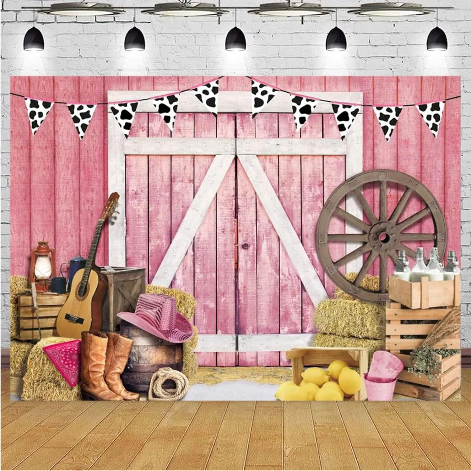 Western Cowboy Pink Barn Photography Background for Wild West Wooden House Barn Door Cowgirl Baby Shower Birthday Party Decor Cowboy Hat Boots Newborn Portrait Photoshoot Props,7X5FT