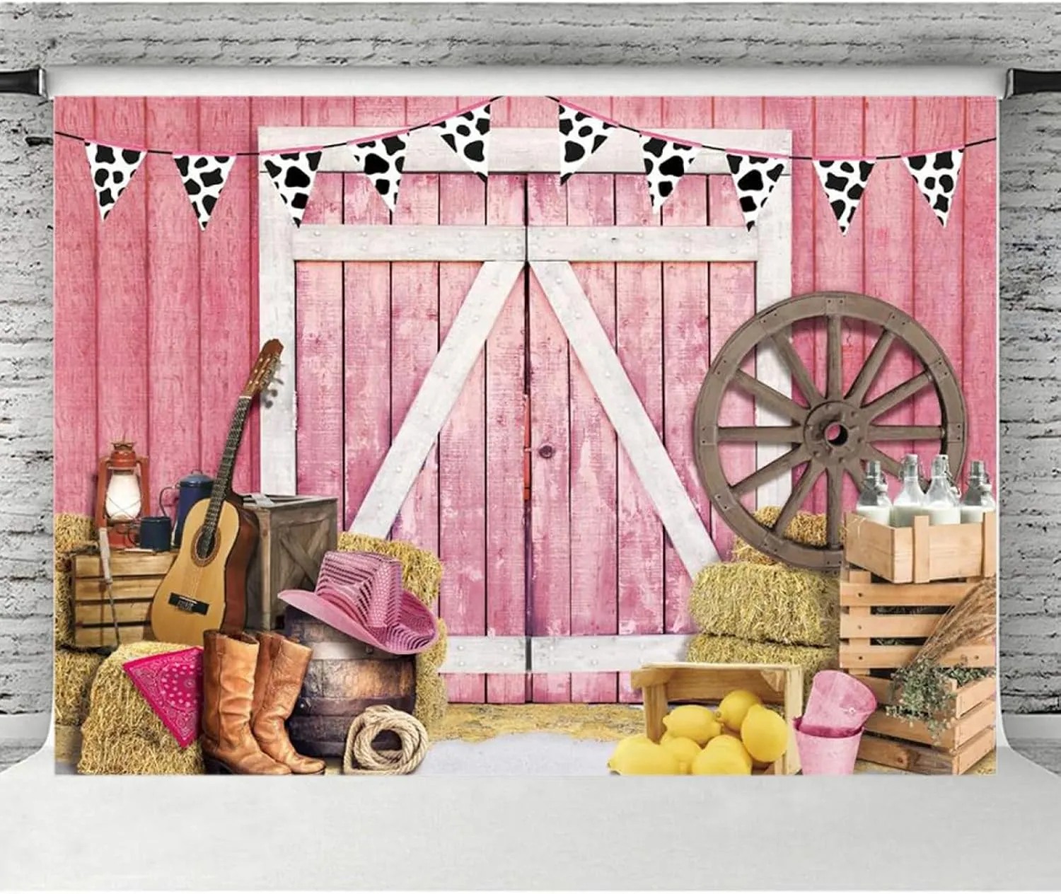 Western Cowboy Pink Barn Photography Background for Wild West Wooden House Barn Door Cowgirl Baby Shower Birthday Party Decor Cowboy Hat Boots Newborn Portrait Photoshoot Props,7X5FT