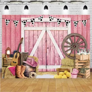 Western Cowboy Pink Barn Photography Background for Wild West Wooden House Barn Door Cowgirl Baby Shower Birthday Party Decor Cowboy Hat Boots Newborn Portrait Photoshoot Props,7X5FT