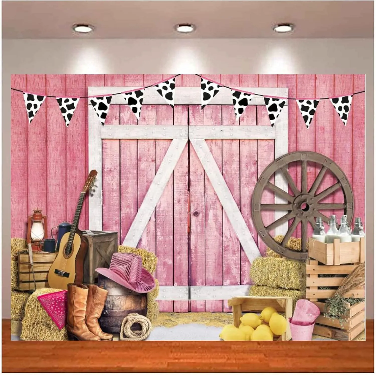 Western Cowboy Pink Barn Photography Background for Wild West Wooden House Barn Door Cowgirl Baby Shower Birthday Party Decor Cowboy Hat Boots Newborn Portrait Photoshoot Props,7X5FT