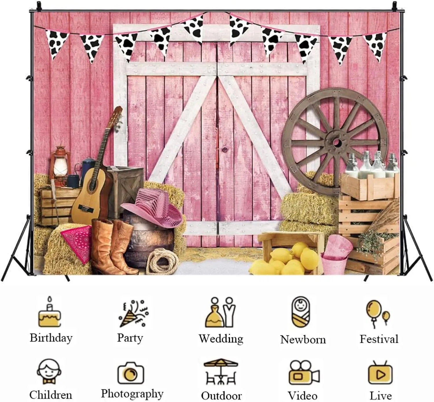 Western Cowboy Pink Barn Photography Background for Wild West Wooden House Barn Door Cowgirl Baby Shower Birthday Party Decor Cowboy Hat Boots Newborn Portrait Photoshoot Props,7X5FT
