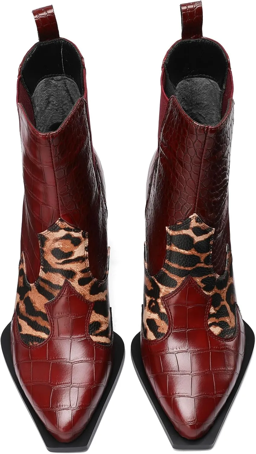 Western Gladiator Boots For Women Winter Ankle Extra Wide Calf Booties Botas Para Mujer Chelsea Leather Chunky Block Dress Combat Warm Lined Cowboy Cowgirl Ladies High Heels