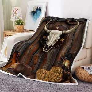 Western Throw Blanket, Skull Cowboy Cow Hat Boots Guitar Cactus Cozy Warm Bed Couch Blanket, Rustic Farmhouse Country Fleece Flannel Throws to Decorate The Room and Bedroom