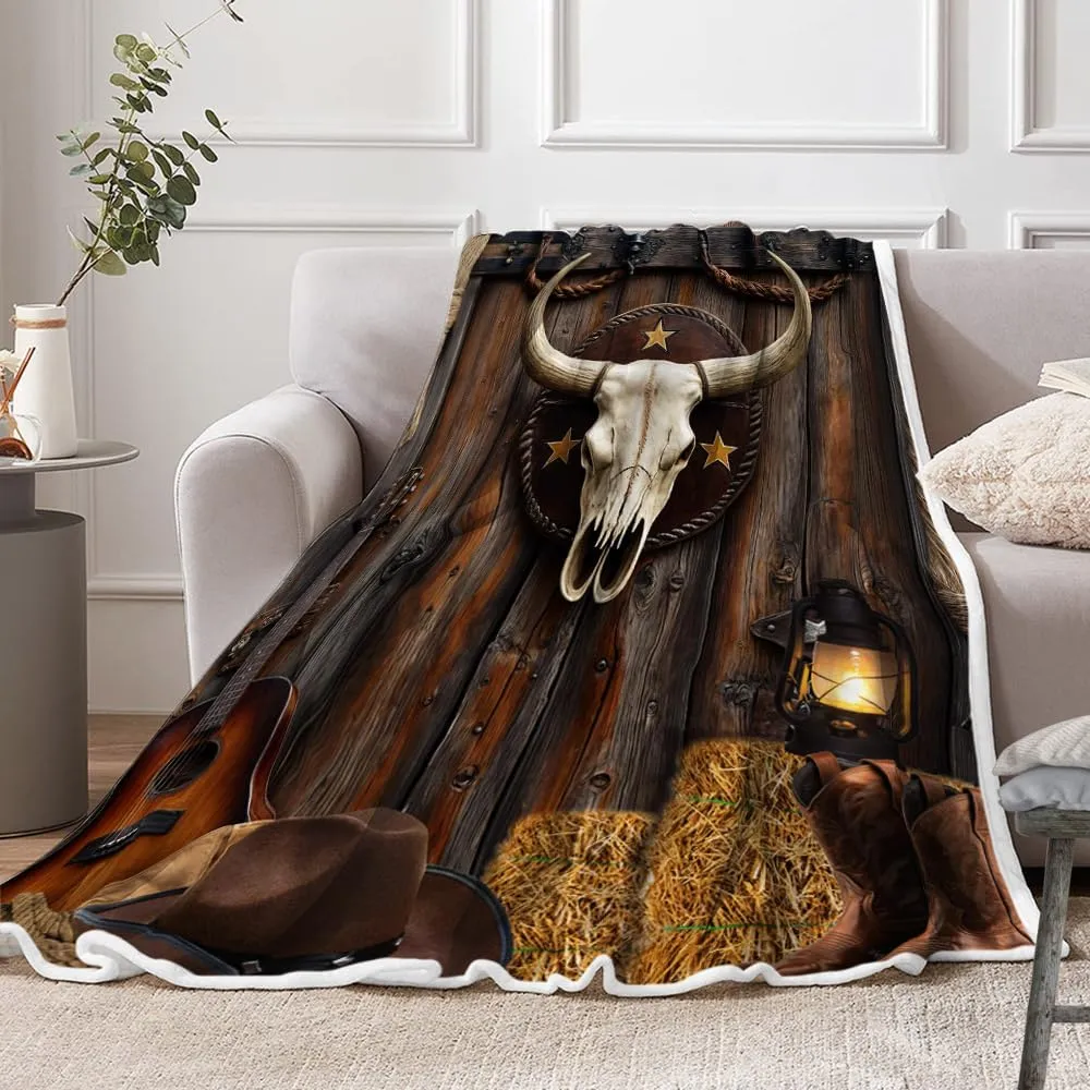 Western Throw Blanket, Skull Cowboy Cow Hat Boots Guitar Cactus Cozy Warm Bed Couch Blanket, Rustic Farmhouse Country Fleece Flannel Throws to Decorate The Room and Bedroom