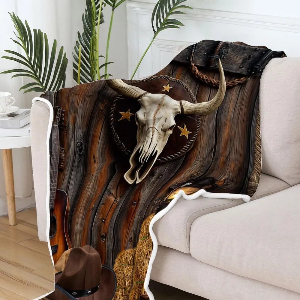 Western Throw Blanket, Skull Cowboy Cow Hat Boots Guitar Cactus Cozy Warm Bed Couch Blanket, Rustic Farmhouse Country Fleece Flannel Throws to Decorate The Room and Bedroom