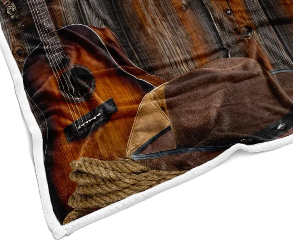 Western Throw Blanket, Skull Cowboy Cow Hat Boots Guitar Cactus Cozy Warm Bed Couch Blanket, Rustic Farmhouse Country Fleece Flannel Throws to Decorate The Room and Bedroom