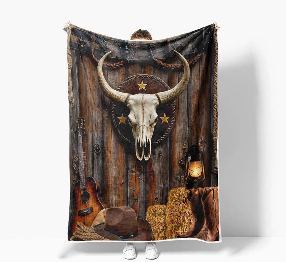 Western Throw Blanket, Skull Cowboy Cow Hat Boots Guitar Cactus Cozy Warm Bed Couch Blanket, Rustic Farmhouse Country Fleece Flannel Throws to Decorate The Room and Bedroom