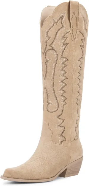 wetkiss Cowboy Boots for Women Knee High Cowgirl Boots, Western Boots with Floral Embroidered Pointed Toe Chunky Heel Pull On Retro Vintage Classic Tall Boots for Ladies