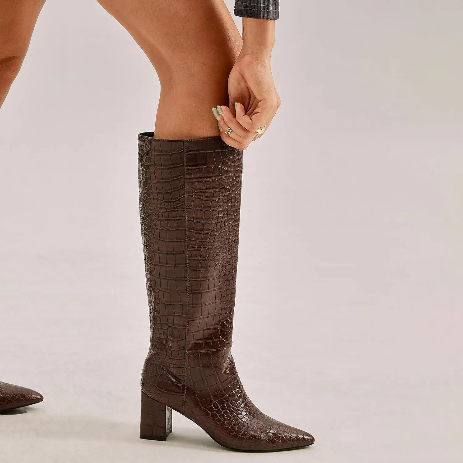 wetkiss Knee High Boots Women Chunky Heel Faux Crocodile Boots Pointed Toe Tall Pull-On Fall Long Boot