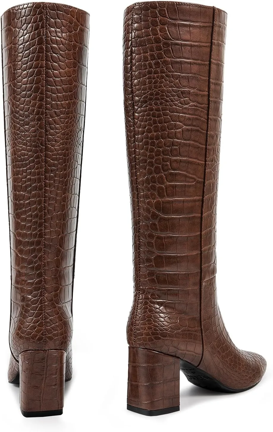 wetkiss Knee High Boots Women Chunky Heel Faux Crocodile Boots Pointed Toe Tall Pull-On Fall Long Boot