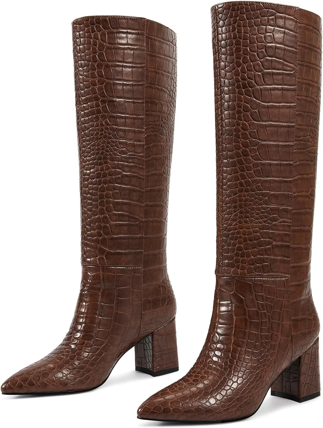 wetkiss Knee High Boots Women Chunky Heel Faux Crocodile Boots Pointed Toe Tall Pull-On Fall Long Boot