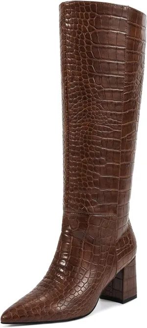 wetkiss Knee High Boots Women Chunky Heel Faux Crocodile Boots Pointed Toe Tall Pull-On Fall Long Boot