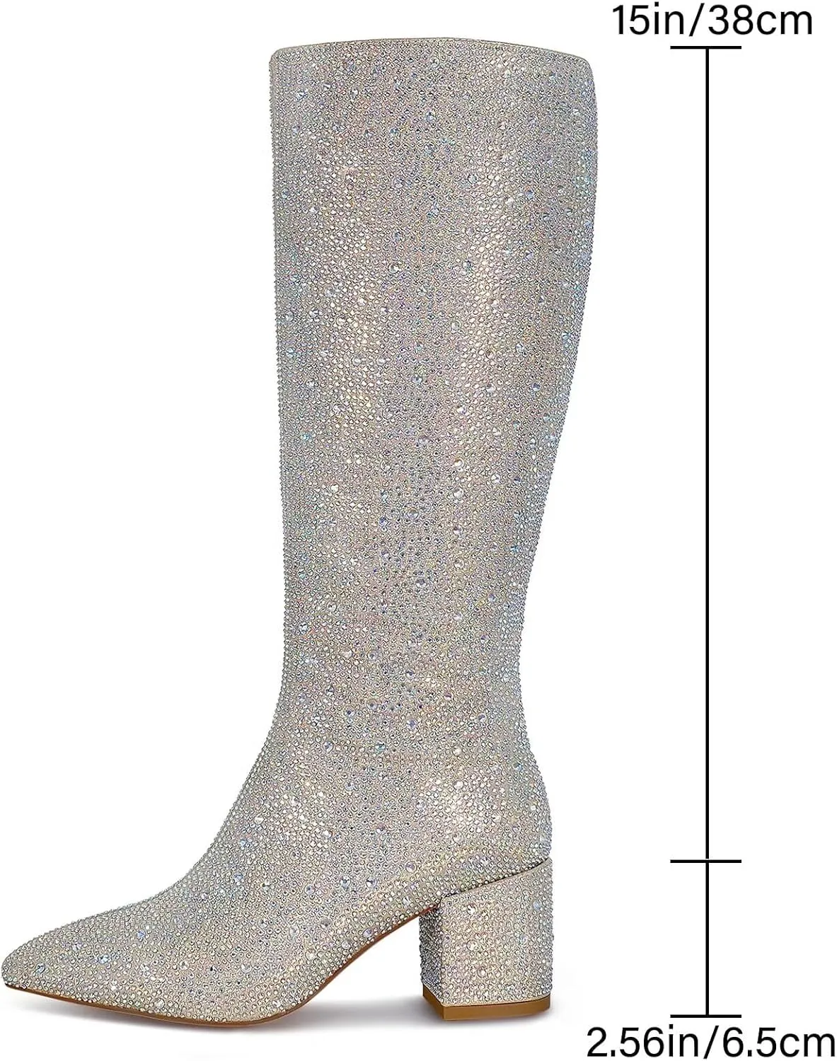 wetkiss Rhinestone/PU Low Chunky Pointed Toe Knee High Boots for Women with Full Bling Sparkly Crystals Booties for Wedding Party Date Dress