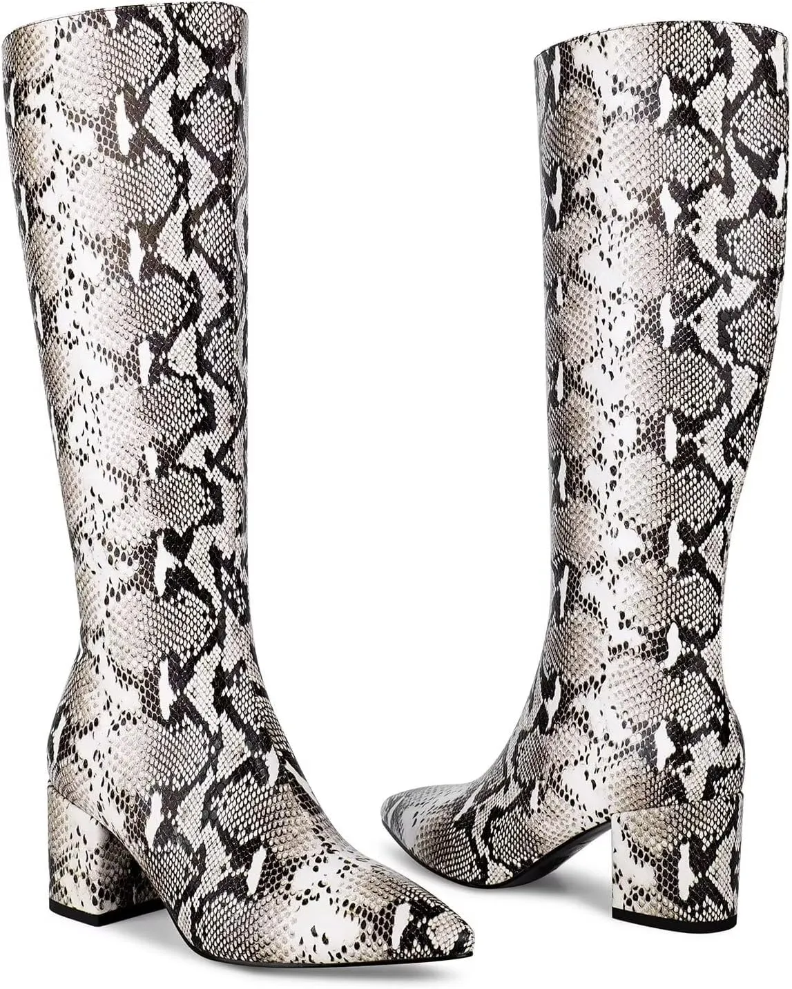 wetkiss Rhinestone/PU Low Chunky Pointed Toe Knee High Boots for Women with Full Bling Sparkly Crystals Booties for Wedding Party Date Dress
