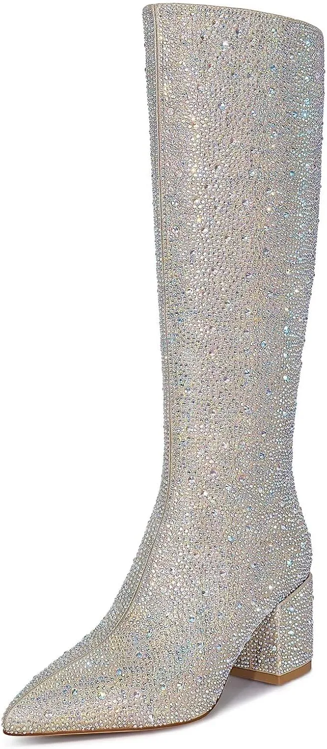 wetkiss Rhinestone/PU Low Chunky Pointed Toe Knee High Boots for Women with Full Bling Sparkly Crystals Booties for Wedding Party Date Dress