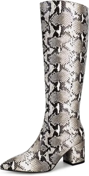 wetkiss Rhinestone/PU Low Chunky Pointed Toe Knee High Boots for Women with Full Bling Sparkly Crystals Booties for Wedding Party Date Dress