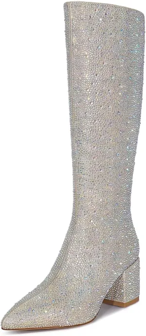 wetkiss Rhinestone/PU Low Chunky Pointed Toe Knee High Boots for Women with Full Bling Sparkly Crystals Booties for Wedding Party Date Dress
