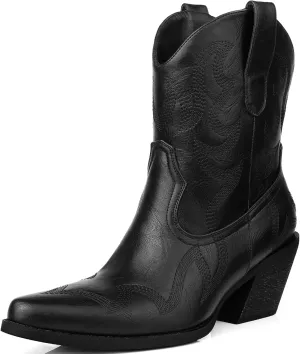 Wide Calf Cowgirl Ankle Boots Women Western Embroidered Ankle Boots Closed Pointed Toe Pull On Cowboy Ankle Booties Lady Retro Country Ankle Boots Size 7-10