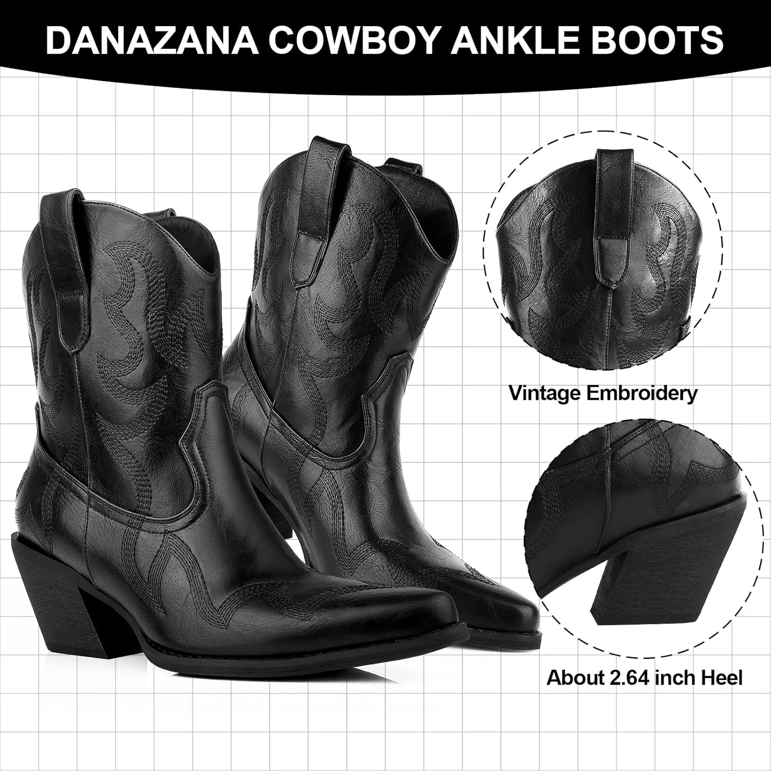 Wide Calf Cowgirl Ankle Boots Women Western Embroidered Ankle Boots Closed Pointed Toe Pull On Cowboy Ankle Booties Lady Retro Country Ankle Boots Size 7-10
