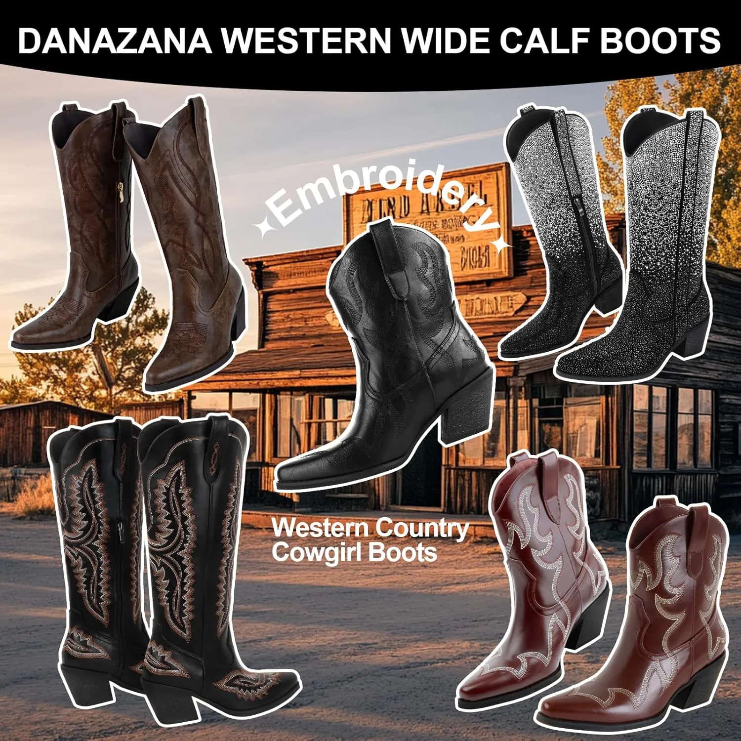 Wide Calf Cowgirl Ankle Boots Women Western Embroidered Ankle Boots Closed Pointed Toe Pull On Cowboy Ankle Booties Lady Retro Country Ankle Boots Size 7-10