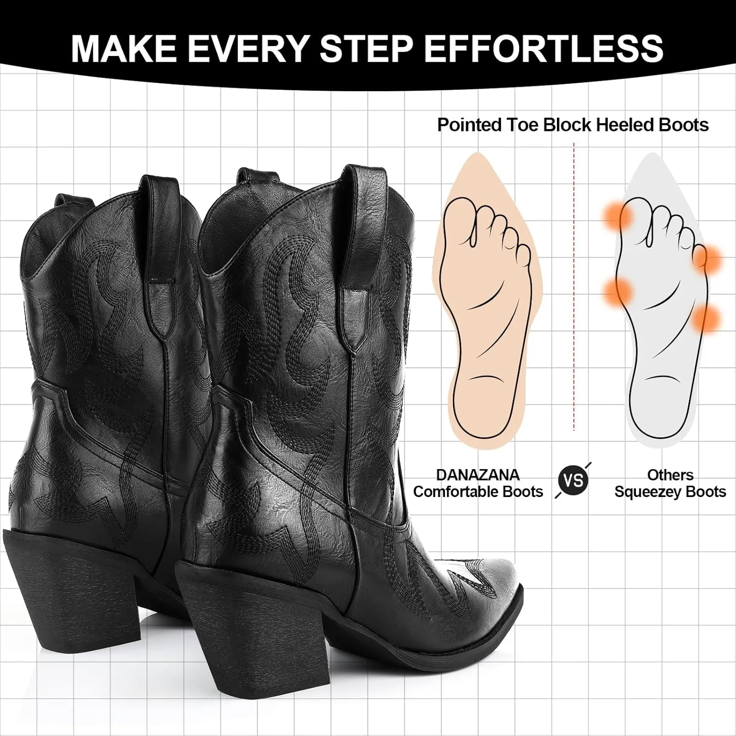 Wide Calf Cowgirl Ankle Boots Women Western Embroidered Ankle Boots Closed Pointed Toe Pull On Cowboy Ankle Booties Lady Retro Country Ankle Boots Size 7-10