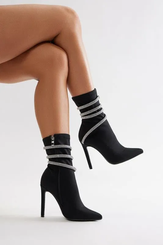 Wild Diva Women's Embellished Coil Strappy Pointy Toe Stiletto Ankle High Heel Booties