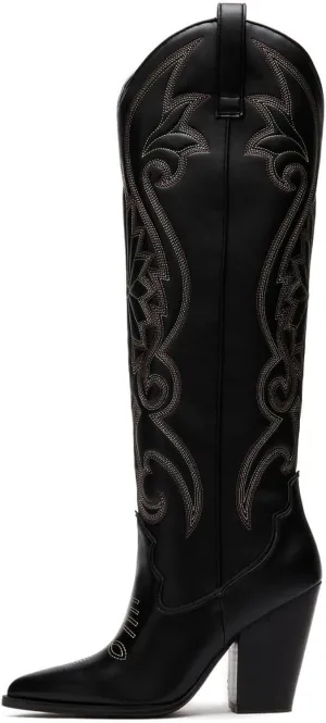 WIRALOMI Women Western Knee High Boots Embroidered Chunky Block Heel Cowboy Boots Pointed Toe Pull on Cowgirl Boots