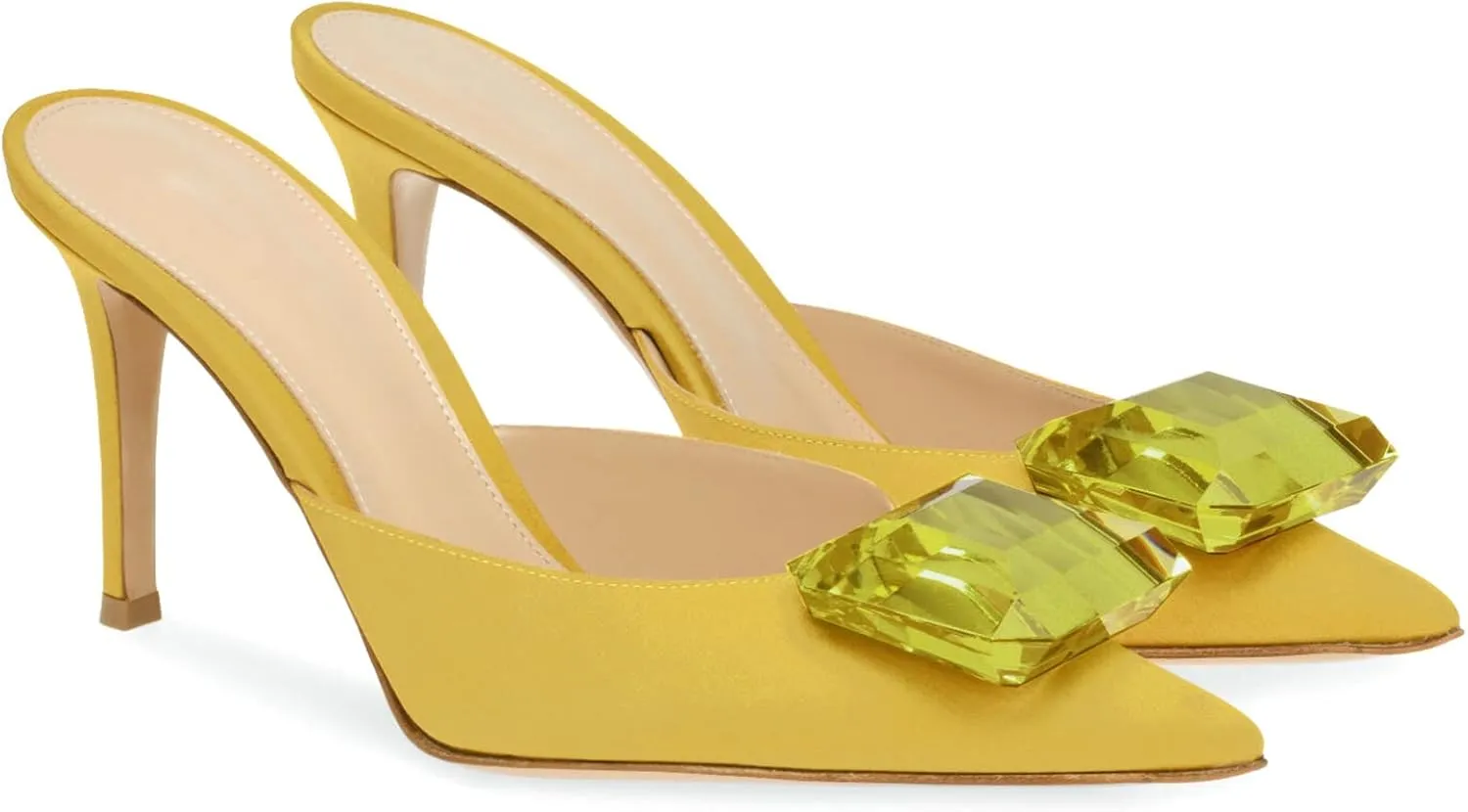 Woman Heeled Mules Rhinestone Pointy Closed Toe Sandals Kitten High Heels Sandals Summer Slip on Mule Heels Bridal Dress Shoes