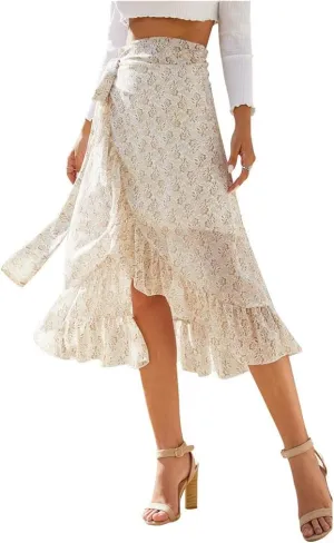Women Chiffon Floral Midi Skirt High Waist Side Wrap Bohemian Asymmetric Long Skirt Summer Beach Wrap Cover Up Skirt