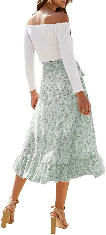 Women Chiffon Floral Midi Skirt High Waist Side Wrap Bohemian Asymmetric Long Skirt Summer Beach Wrap Cover Up Skirt