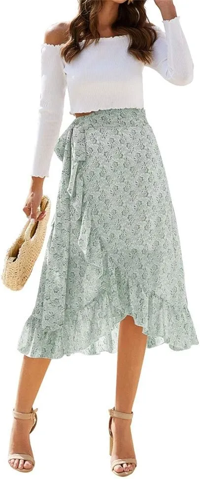 Women Chiffon Floral Midi Skirt High Waist Side Wrap Bohemian Asymmetric Long Skirt Summer Beach Wrap Cover Up Skirt