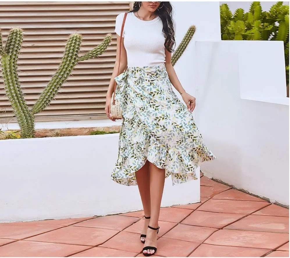 Women Chiffon Floral Midi Skirt High Waist Side Wrap Bohemian Asymmetric Long Skirt Summer Beach Wrap Cover Up Skirt