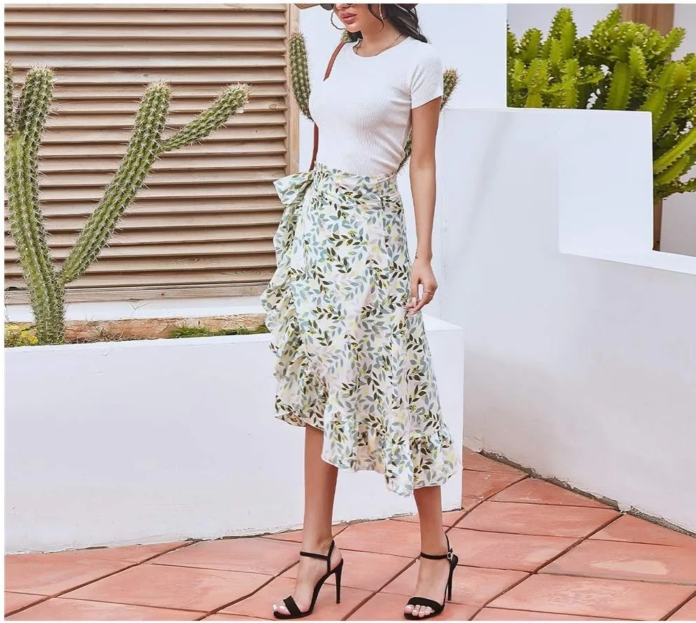 Women Chiffon Floral Midi Skirt High Waist Side Wrap Bohemian Asymmetric Long Skirt Summer Beach Wrap Cover Up Skirt