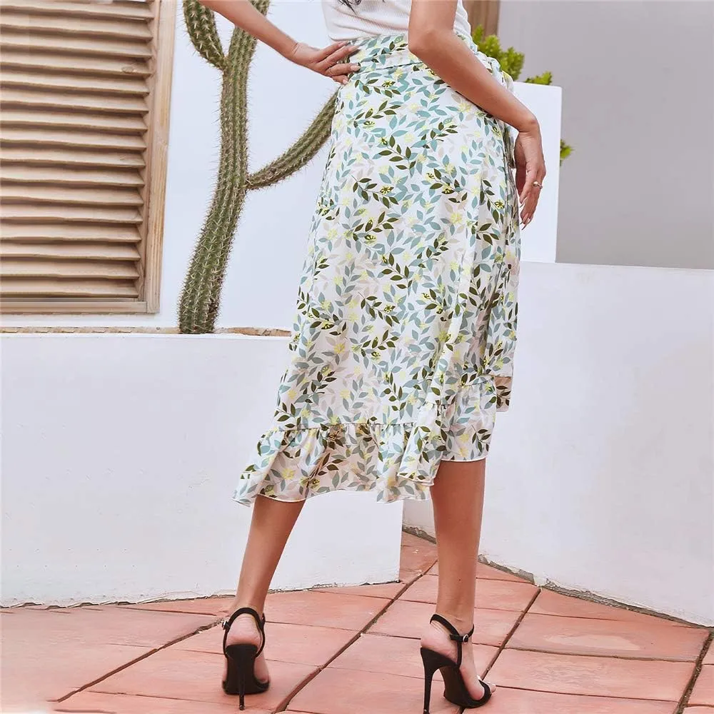 Women Chiffon Floral Midi Skirt High Waist Side Wrap Bohemian Asymmetric Long Skirt Summer Beach Wrap Cover Up Skirt