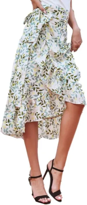 Women Chiffon Floral Midi Skirt High Waist Side Wrap Bohemian Asymmetric Long Skirt Summer Beach Wrap Cover Up Skirt