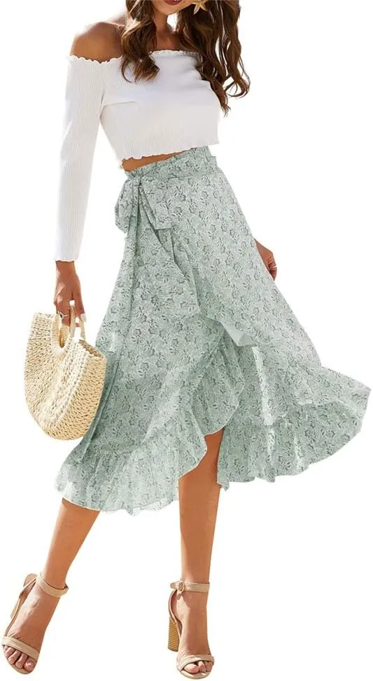 Women Chiffon Floral Midi Skirt High Waist Side Wrap Bohemian Asymmetric Long Skirt Summer Beach Wrap Cover Up Skirt