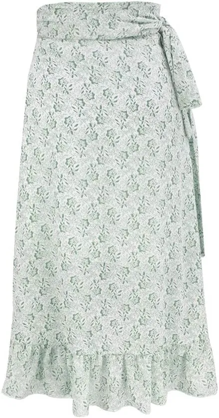 Women Chiffon Floral Midi Skirt High Waist Side Wrap Bohemian Asymmetric Long Skirt Summer Beach Wrap Cover Up Skirt