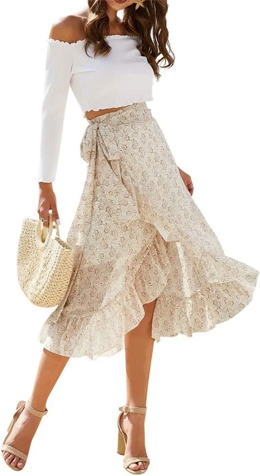 Women Chiffon Floral Midi Skirt High Waist Side Wrap Bohemian Asymmetric Long Skirt Summer Beach Wrap Cover Up Skirt