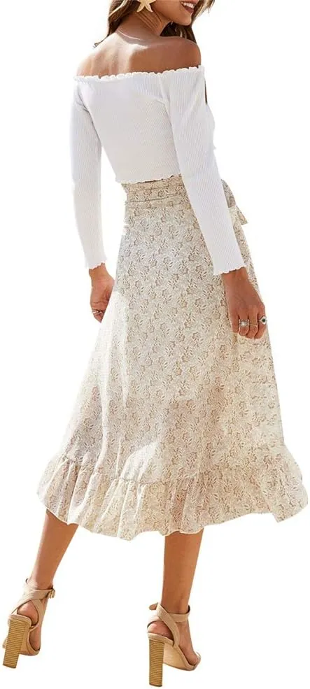 Women Chiffon Floral Midi Skirt High Waist Side Wrap Bohemian Asymmetric Long Skirt Summer Beach Wrap Cover Up Skirt