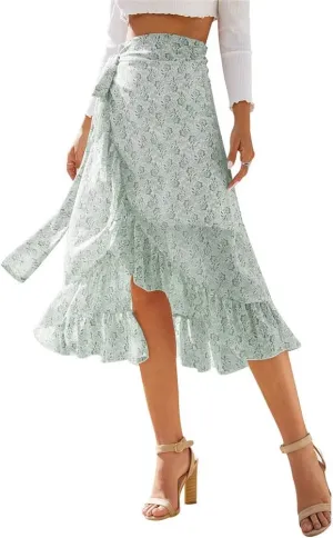 Women Chiffon Floral Midi Skirt High Waist Side Wrap Bohemian Asymmetric Long Skirt Summer Beach Wrap Cover Up Skirt