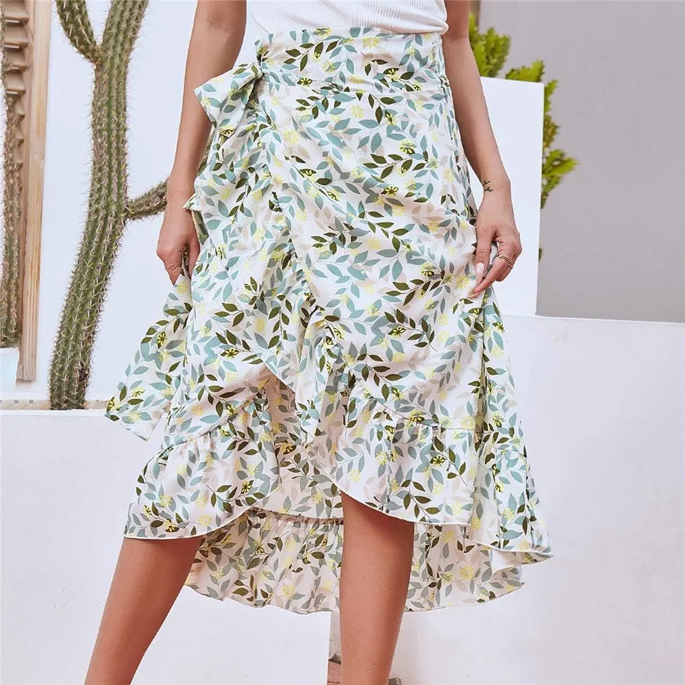 Women Chiffon Floral Midi Skirt High Waist Side Wrap Bohemian Asymmetric Long Skirt Summer Beach Wrap Cover Up Skirt