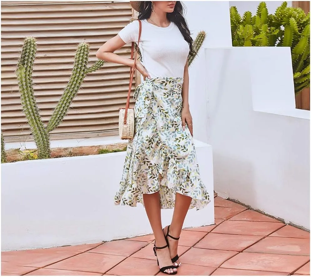 Women Chiffon Floral Midi Skirt High Waist Side Wrap Bohemian Asymmetric Long Skirt Summer Beach Wrap Cover Up Skirt