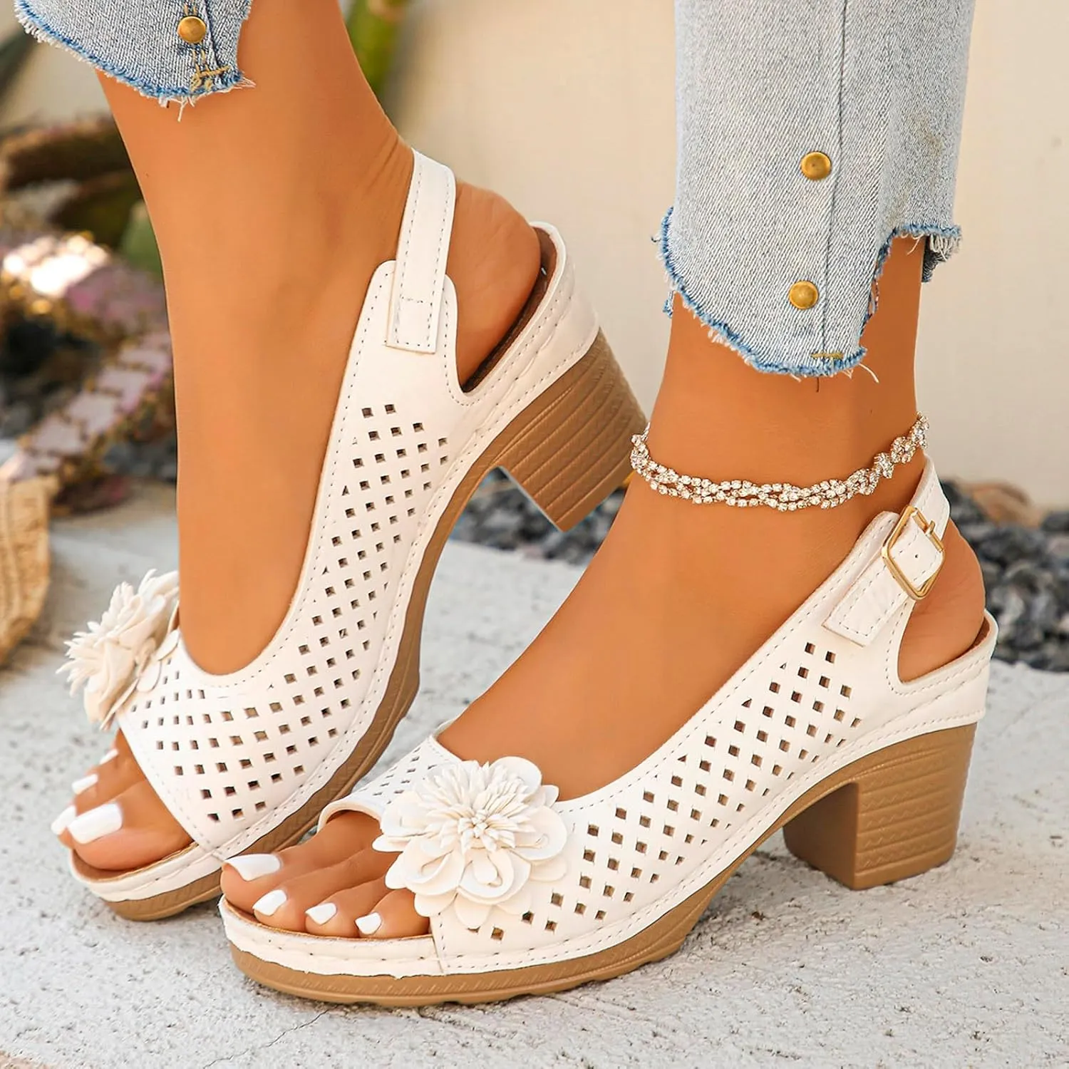 Women Comfy Casual Shoe Open Toe Hollow Flower Wedge Heel Slippers Sandals Flip Flops Women 8 Sandals