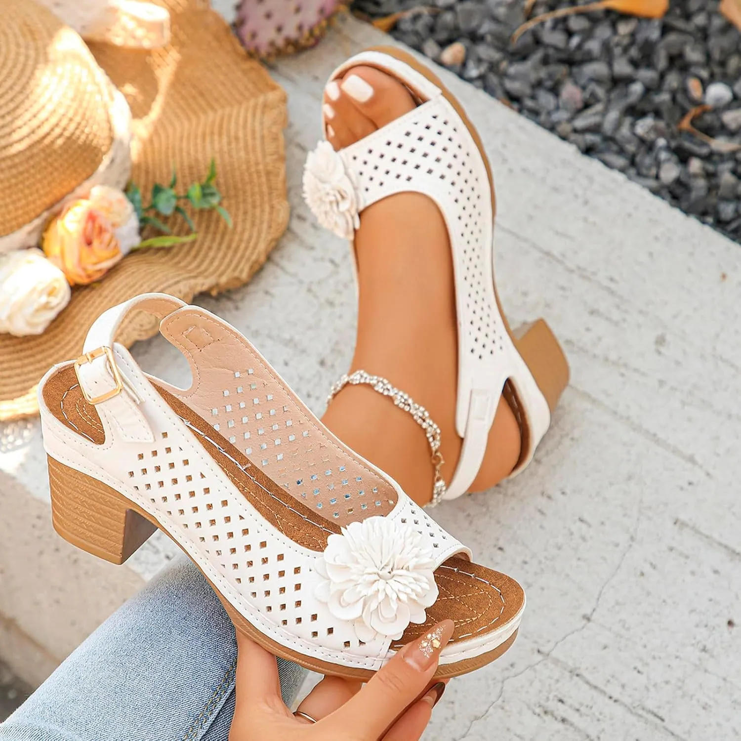 Women Comfy Casual Shoe Open Toe Hollow Flower Wedge Heel Slippers Sandals Flip Flops Women 8 Sandals