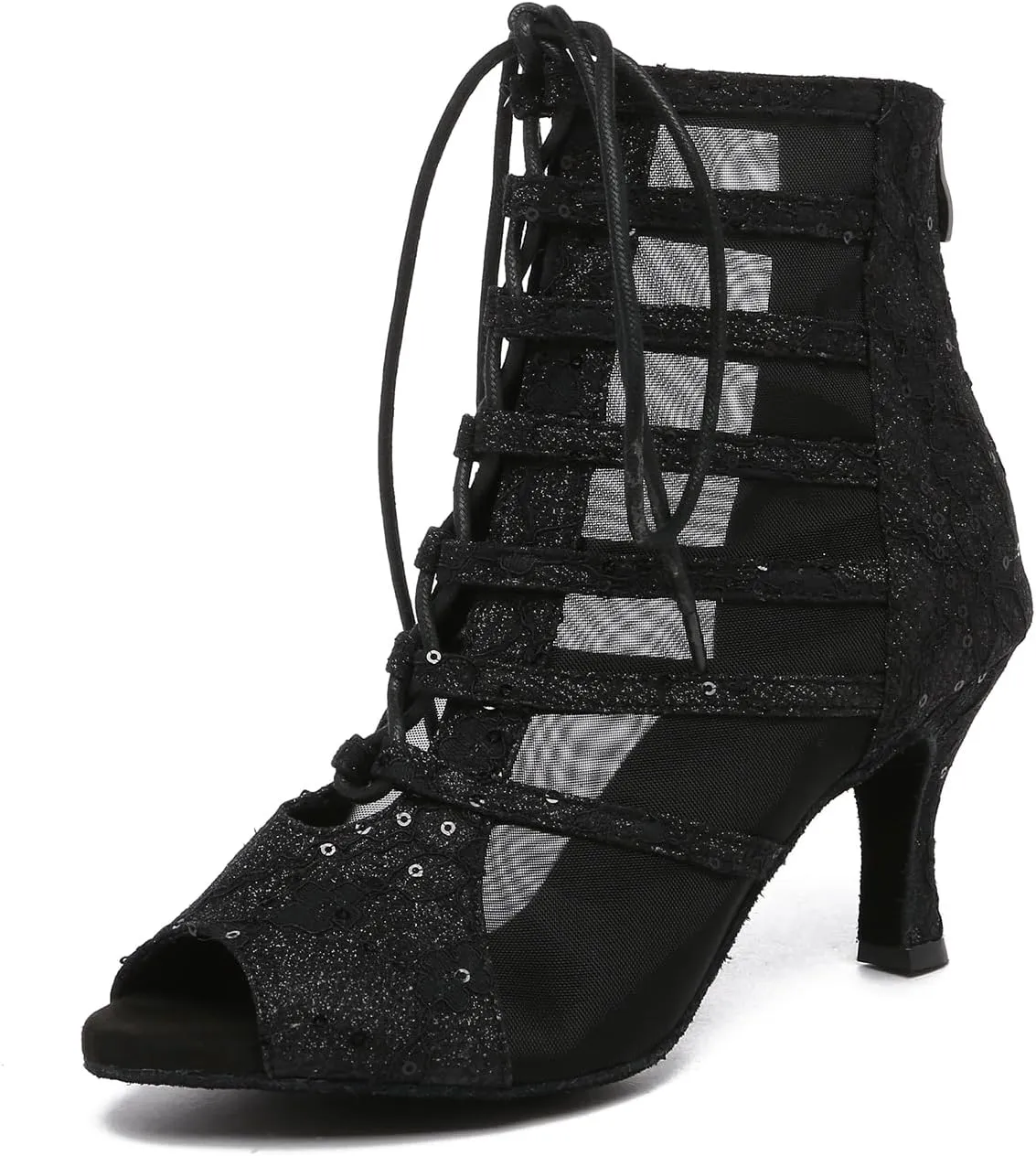 Women Dance Boots Open Toe High Heel Lace Up Dance Ankle Boots Latin Ballroom Dancing Boots,YC596-8.5CM Heel