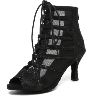 Women Dance Boots Open Toe High Heel Lace Up Dance Ankle Boots Latin Ballroom Dancing Boots,YC596-8.5CM Heel